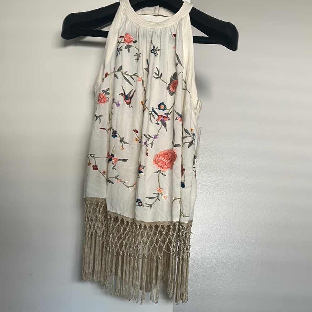 ANTHRO Gatsby Embroidered Floral Fringe Hem Halter